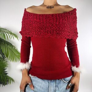 Vintage Y2K Red Preppy Coquette Knit Off-Shoulder Fitted Ribbed Sweater / Small